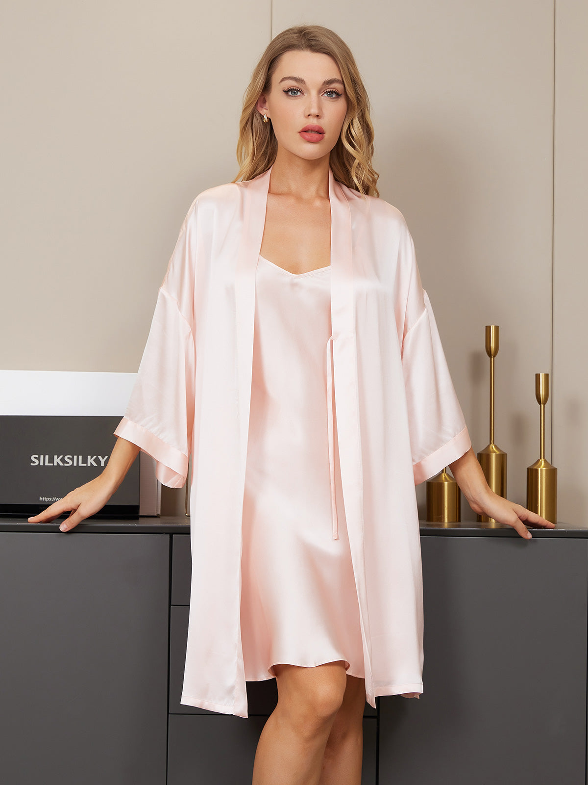 Pure Silk Kimono Robe & V‑Neck Nightgown Set