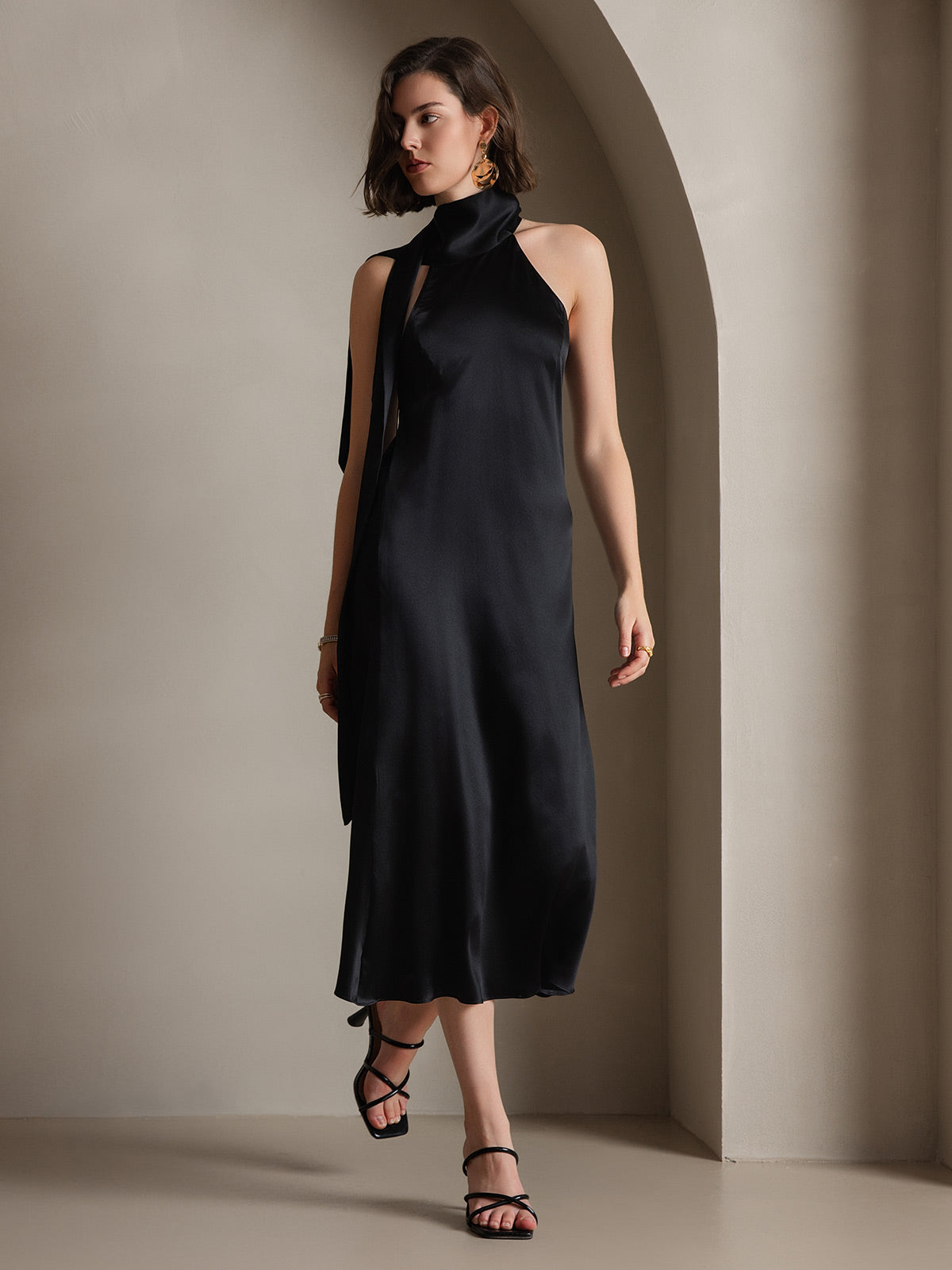 19Momme Silk Sleeveless Tie Neck Midi Dress