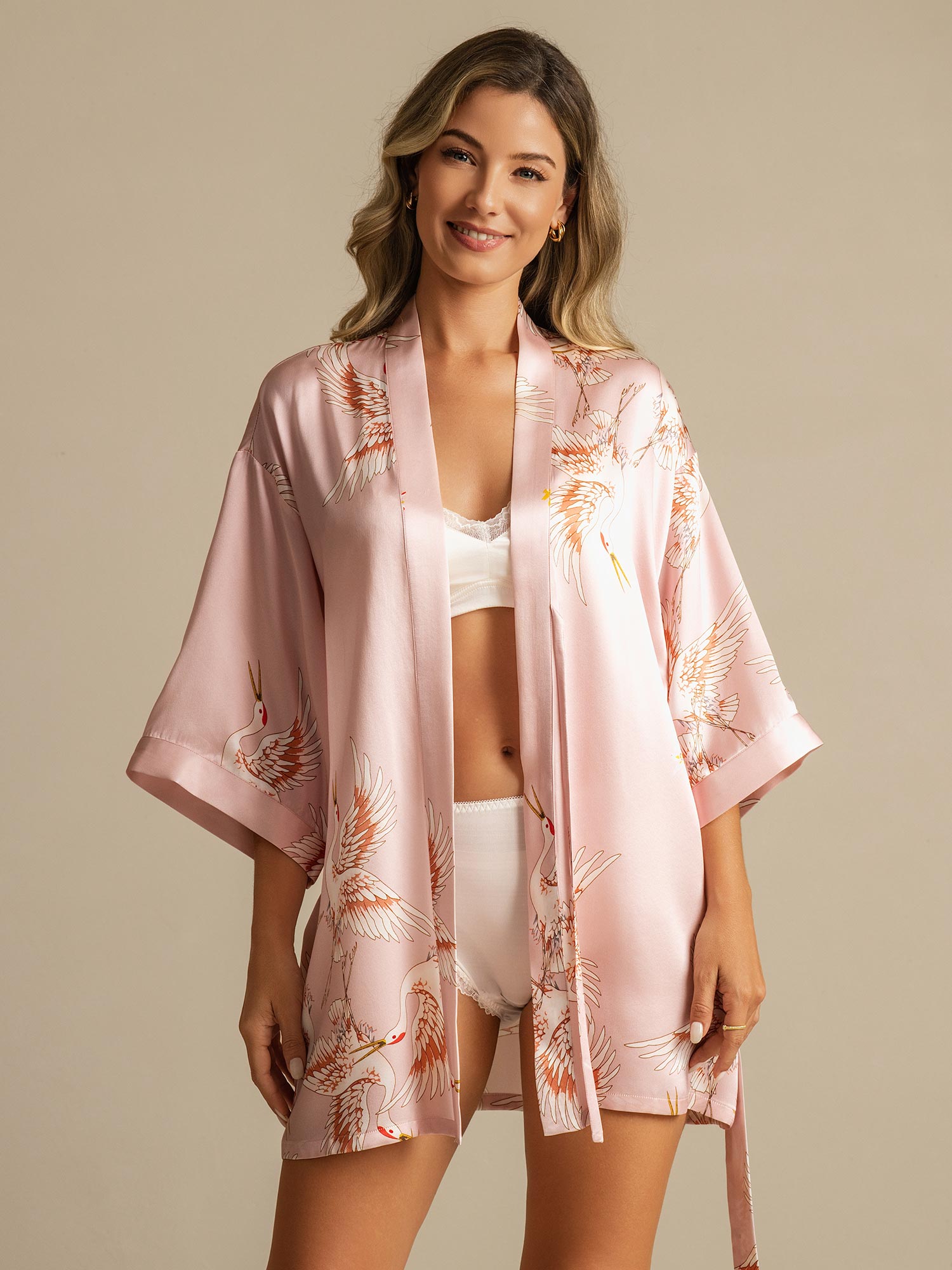 19Momme Pure Silk Crane Print 3/4 Sleeve Short Women's Kimono Robe