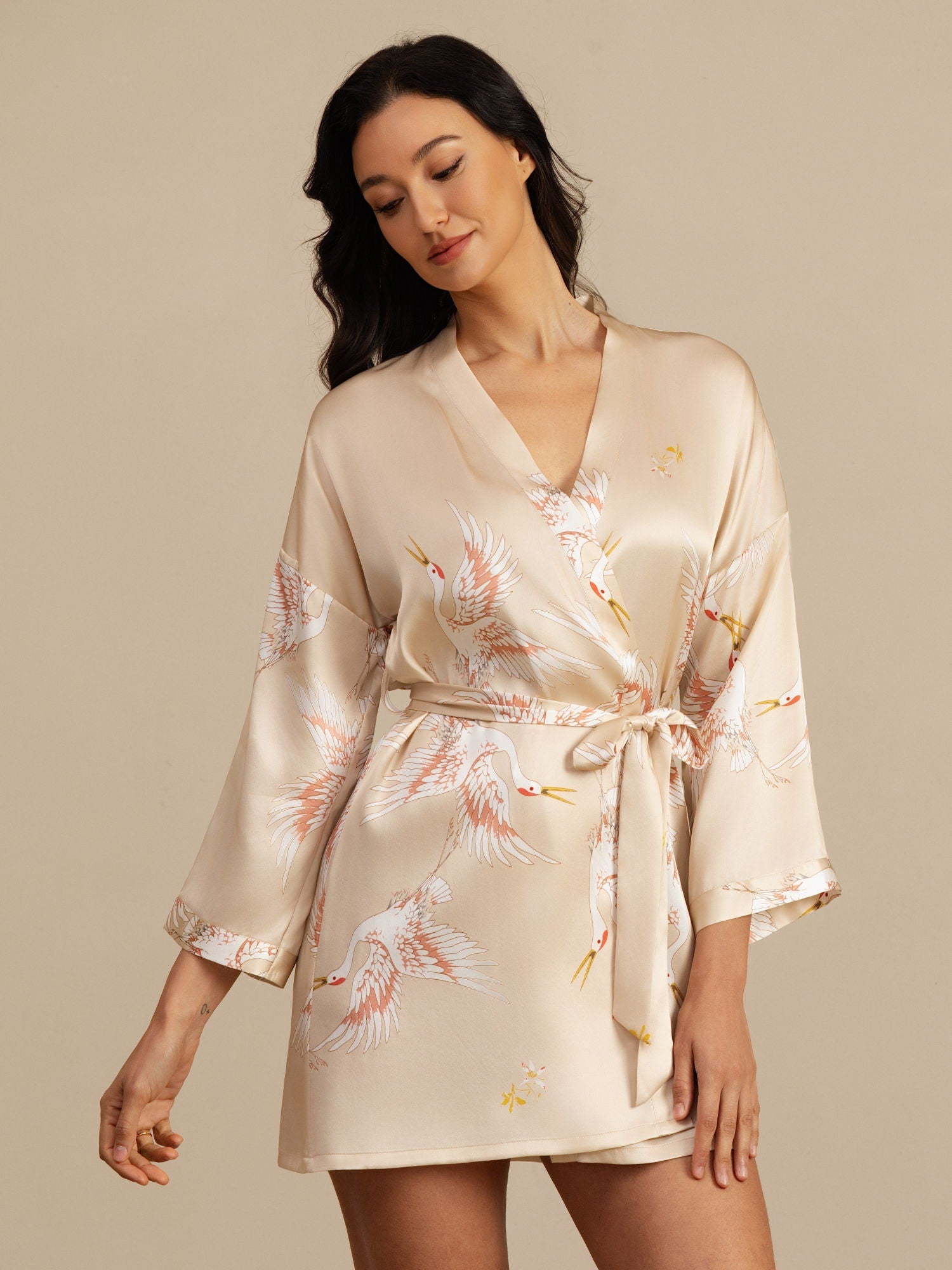 19Momme Women's Pure Silk Crane Print 3/4 Sleeve Short Kimono Robe