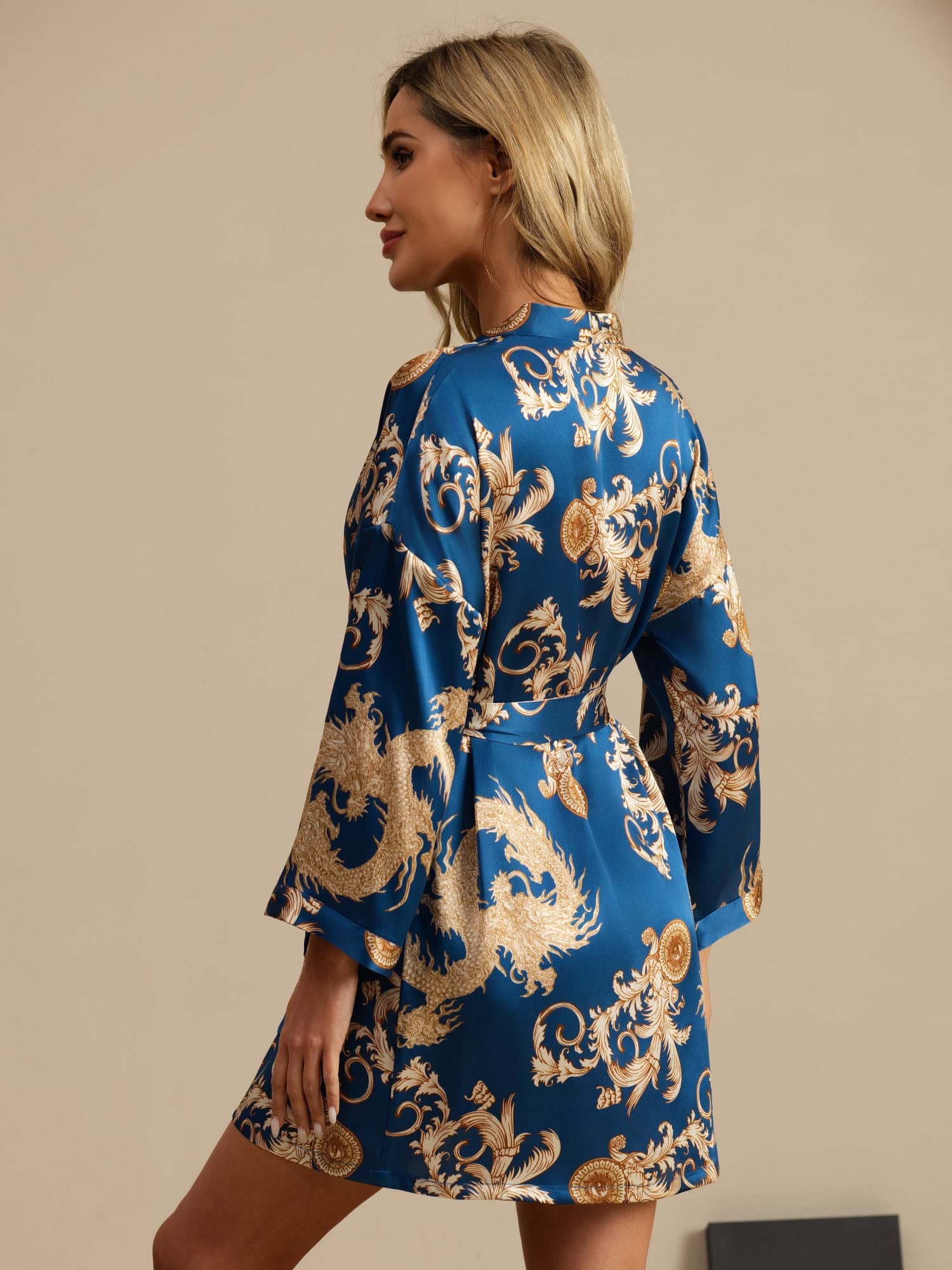 Pure Silk Dragon Print 3/4 Sleeve Women's Kimono Robe With Belt