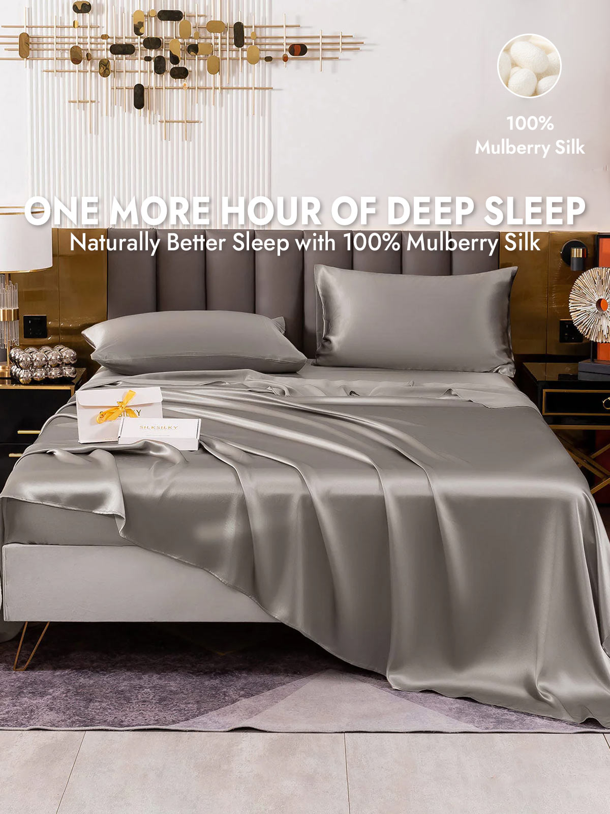 19Momme 4Pcs Silk Set Fitted&Flat Sheets+2x Pillowcases