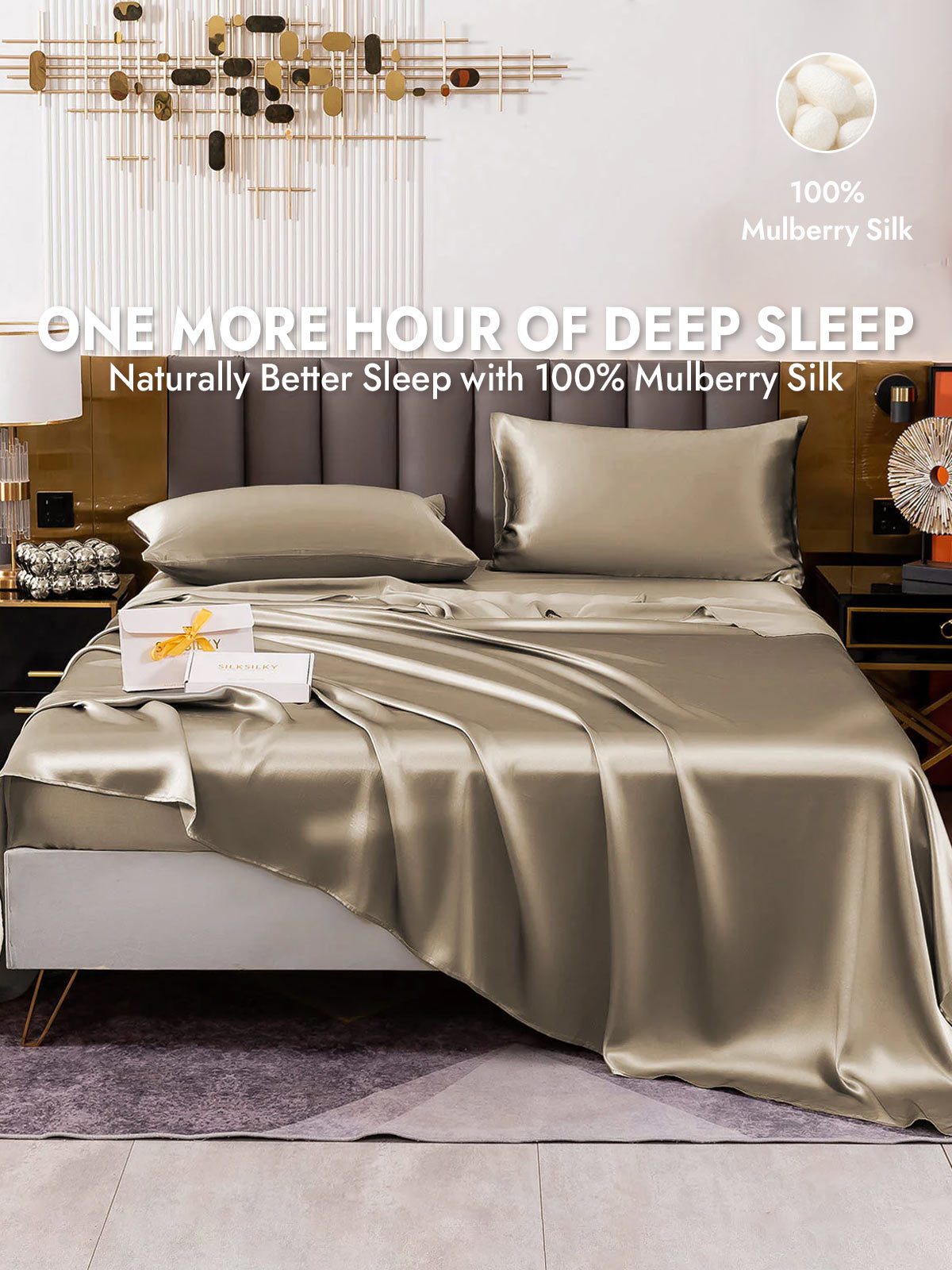 19Momme 4Pcs Silk Set Fitted&Flat Sheets+2x Pillowcases