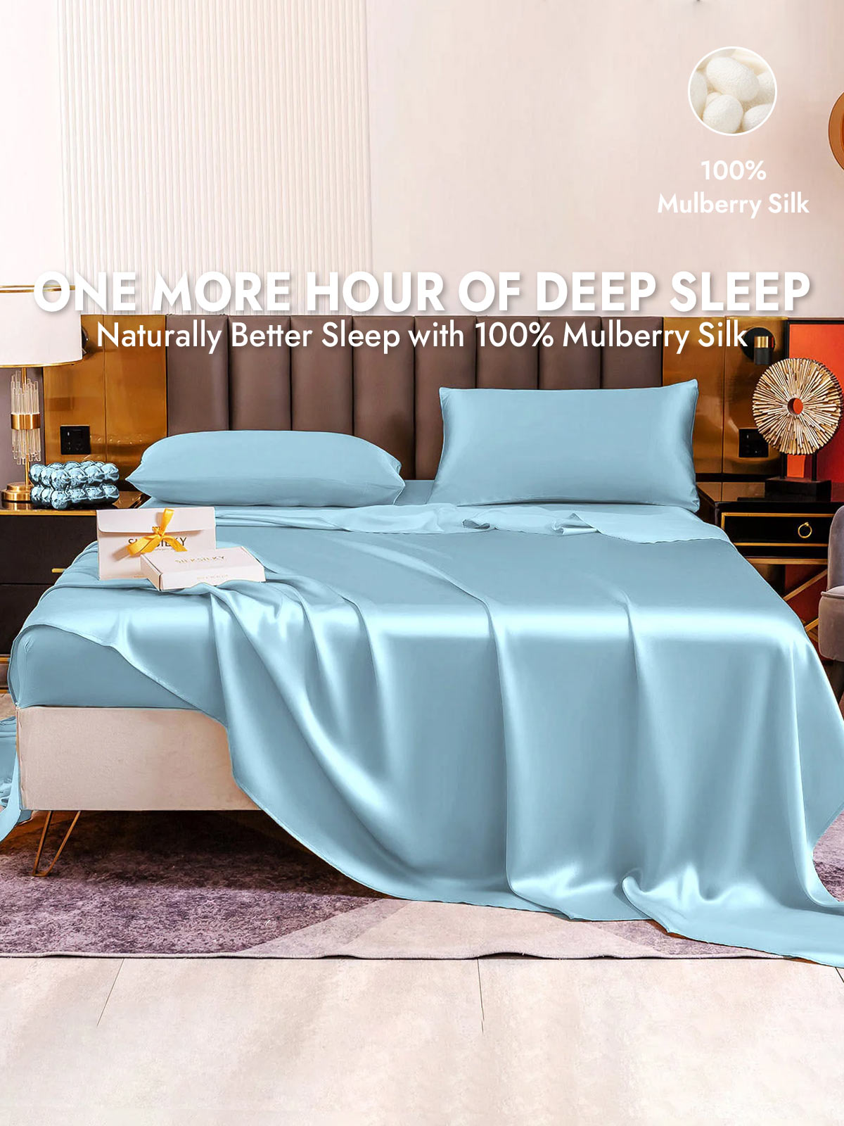 19Momme 4Pcs Silk Set Fitted&Flat Sheets+2x Pillowcases