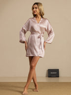 Pure Silk Women’s  Long Sleeve  Heart Geo Printed Short Belted Robe