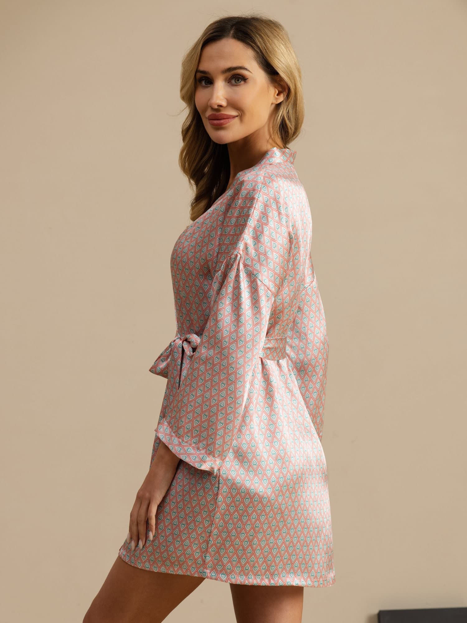 Pure Silk Women’s  Long Sleeve  Heart Geo Printed Short Belted Robe