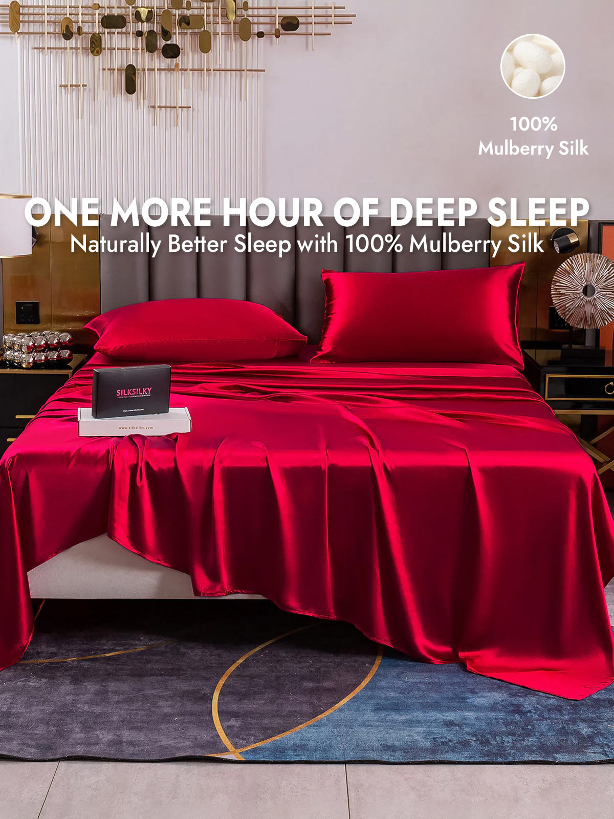 19Momme 4Pcs Silk Set Fitted&Flat Sheets+2x Pillowcases