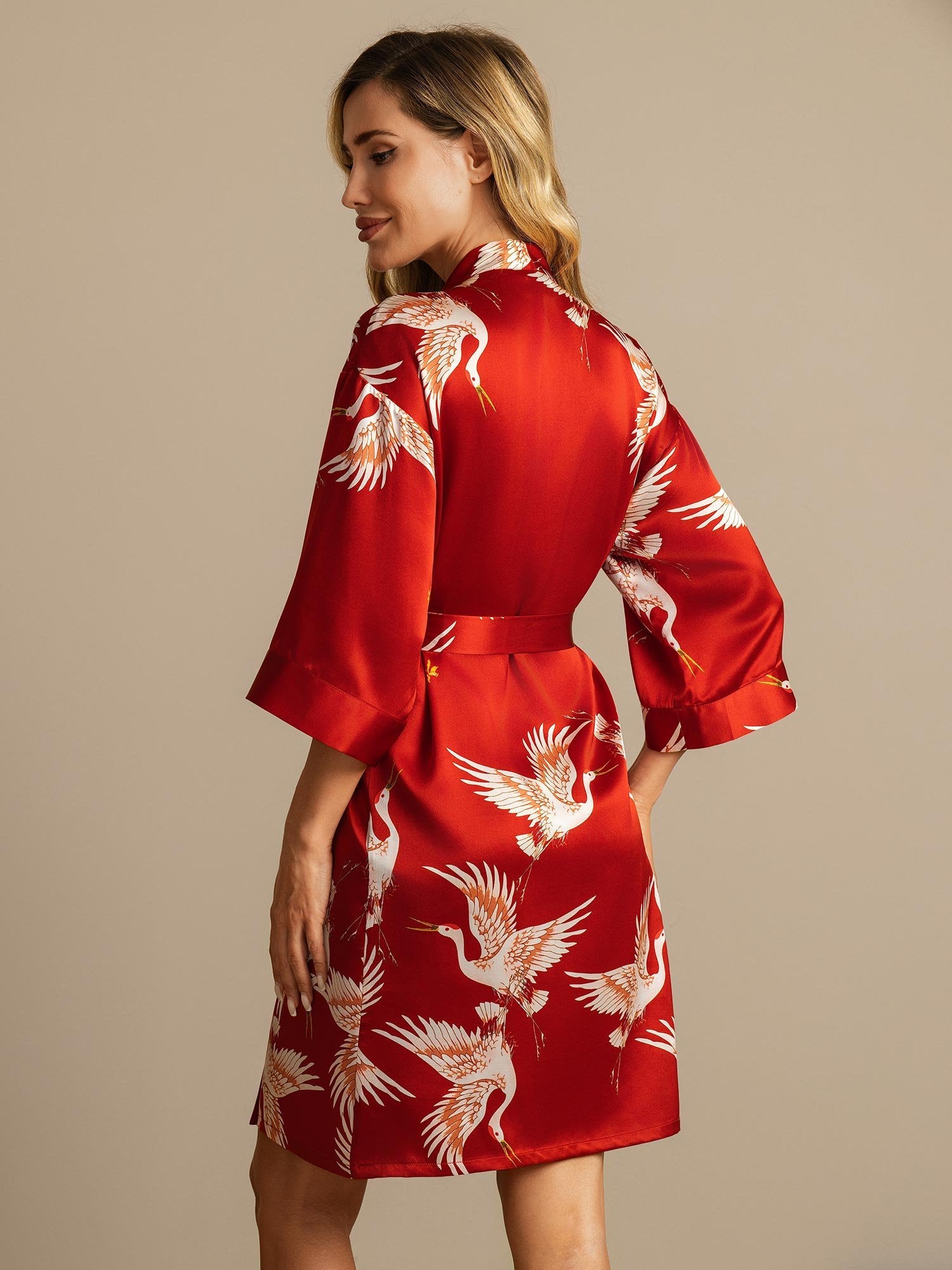 19Momme Pure Silk Crane Print Belted Wrap Women's Kimono Robe