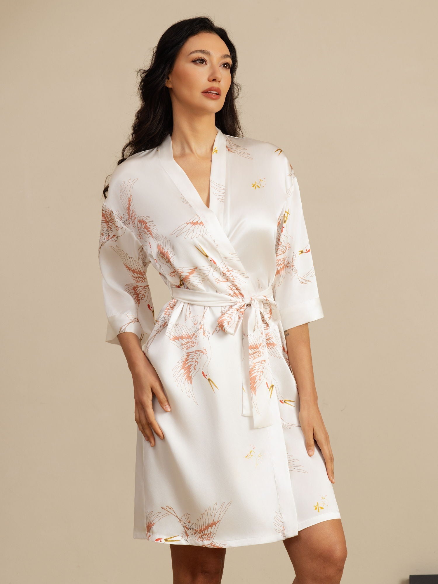 19Momme Pure Silk Crane Print Belted Wrap Women's Kimono Robe