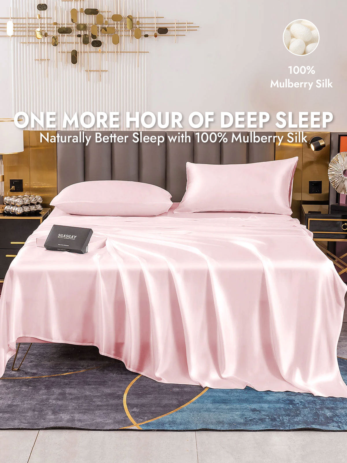 19Momme 4Pcs Silk Set Fitted&Flat Sheets+2x Pillowcases