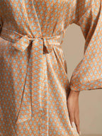 Pure Silk Women’s  Long Sleeve  Heart Geo Printed Short Belted Robe