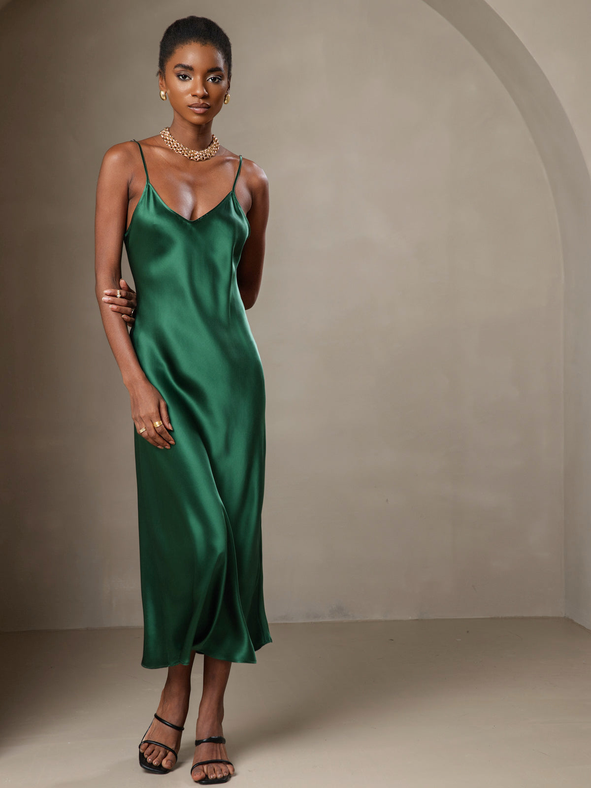 Pure Silk Spaghetti Strap V Neck Midi Dress