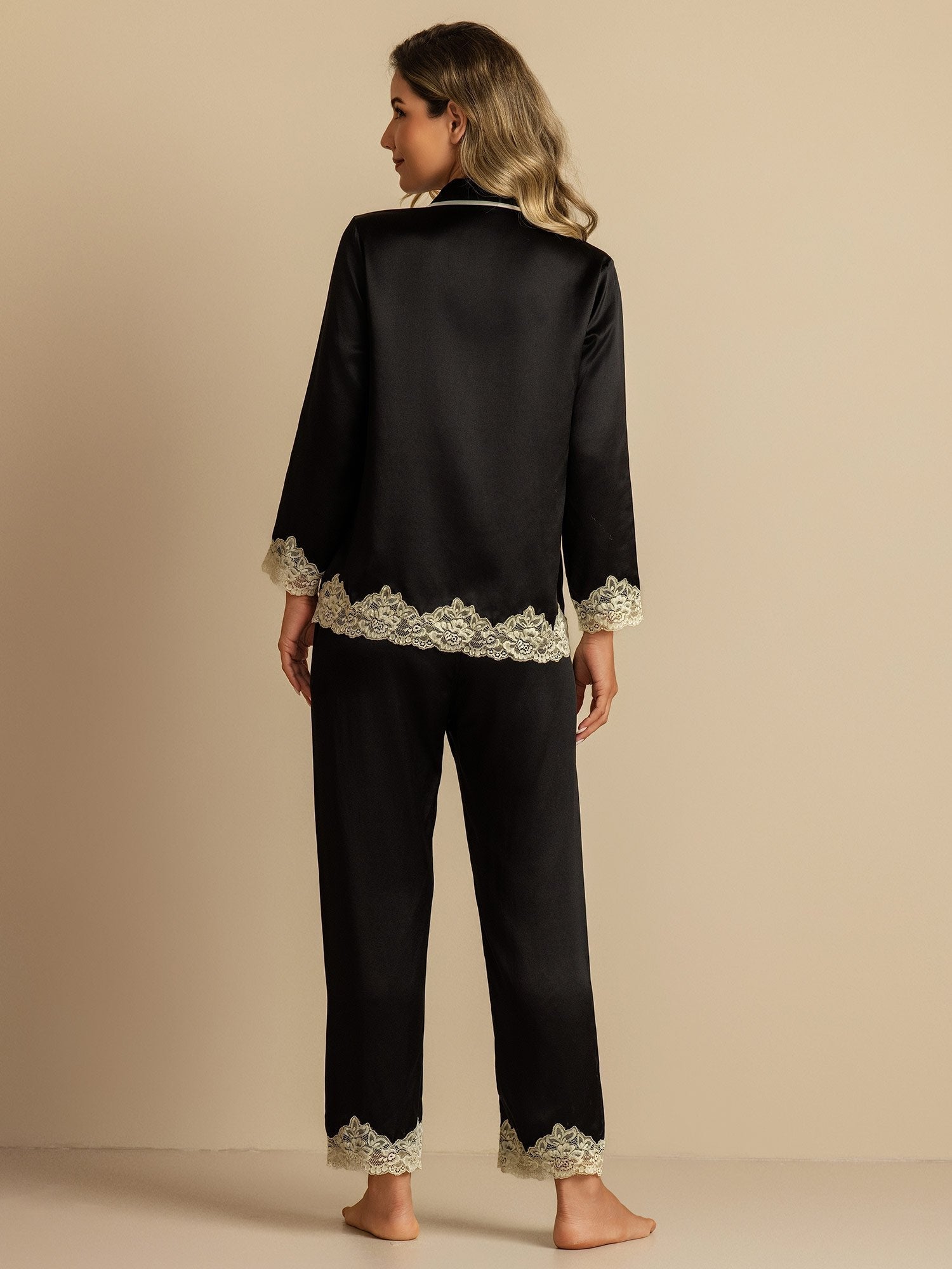 Pure Silk Long Sleeve Women's Pajamas Set with Lace Design