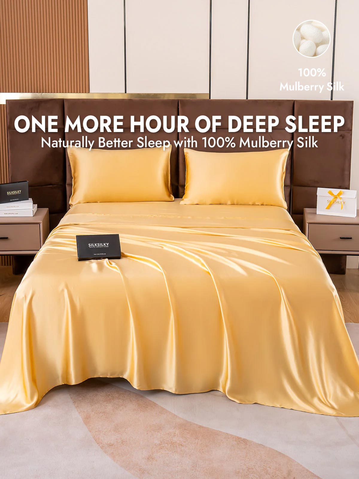 19Momme 4Pcs Silk Set Fitted&Flat Sheets+2x Pillowcases