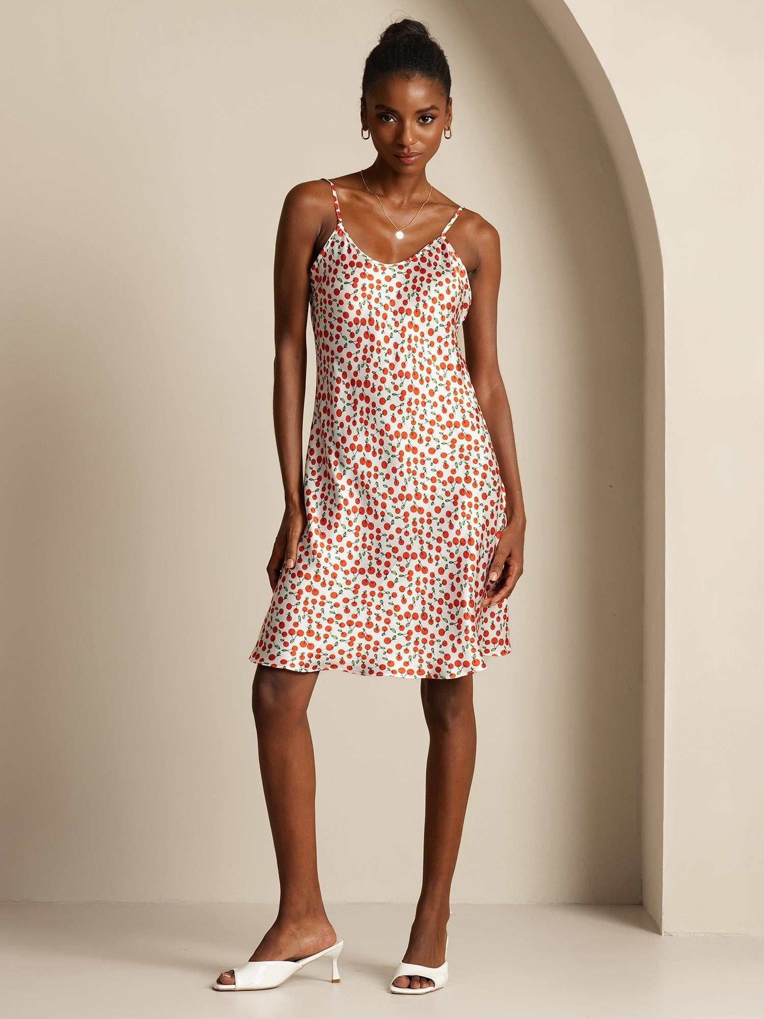 Silk Spaghetti Strap Cherry Print Short Dress