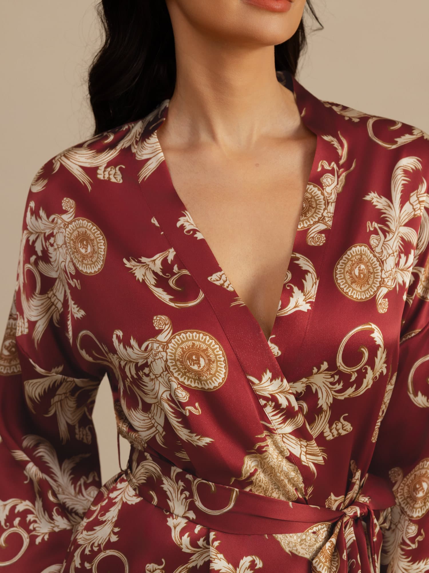 Pure Silk Dragon Print 3/4 Sleeve Women's Kimono Robe With Belt
