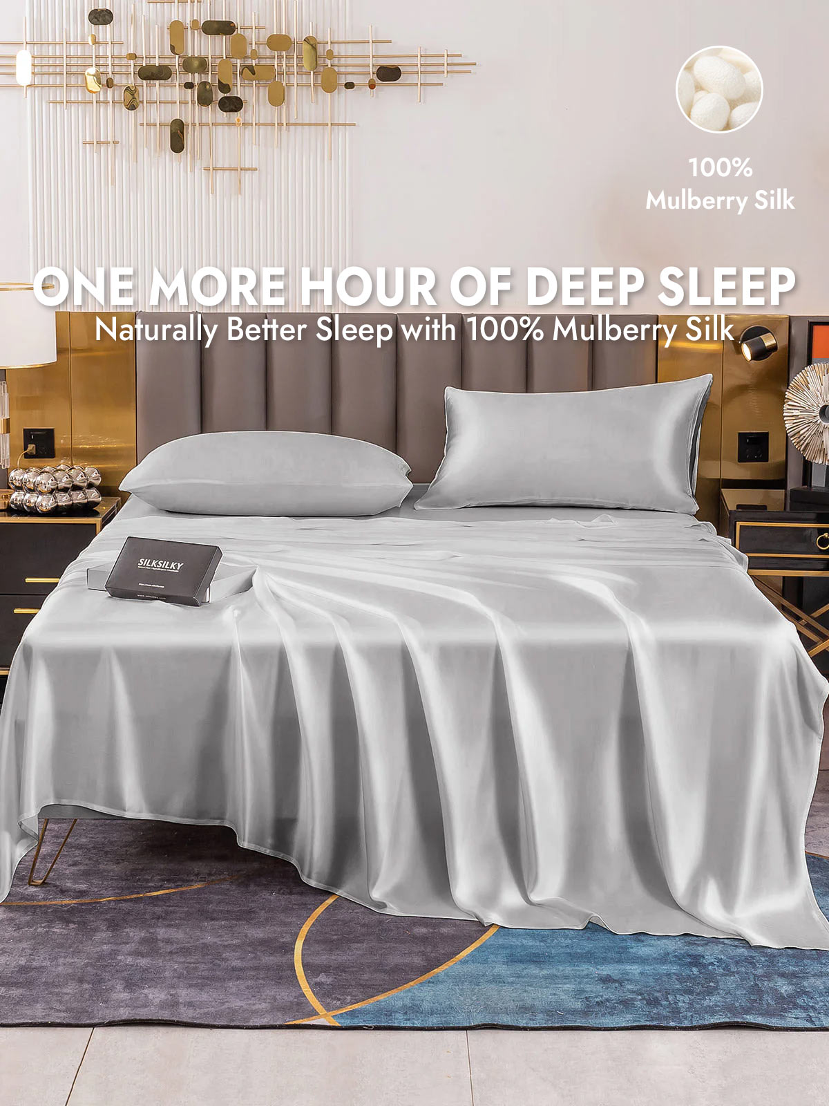 19Momme 4Pcs Silk Set Fitted&Flat Sheets+2x Pillowcases