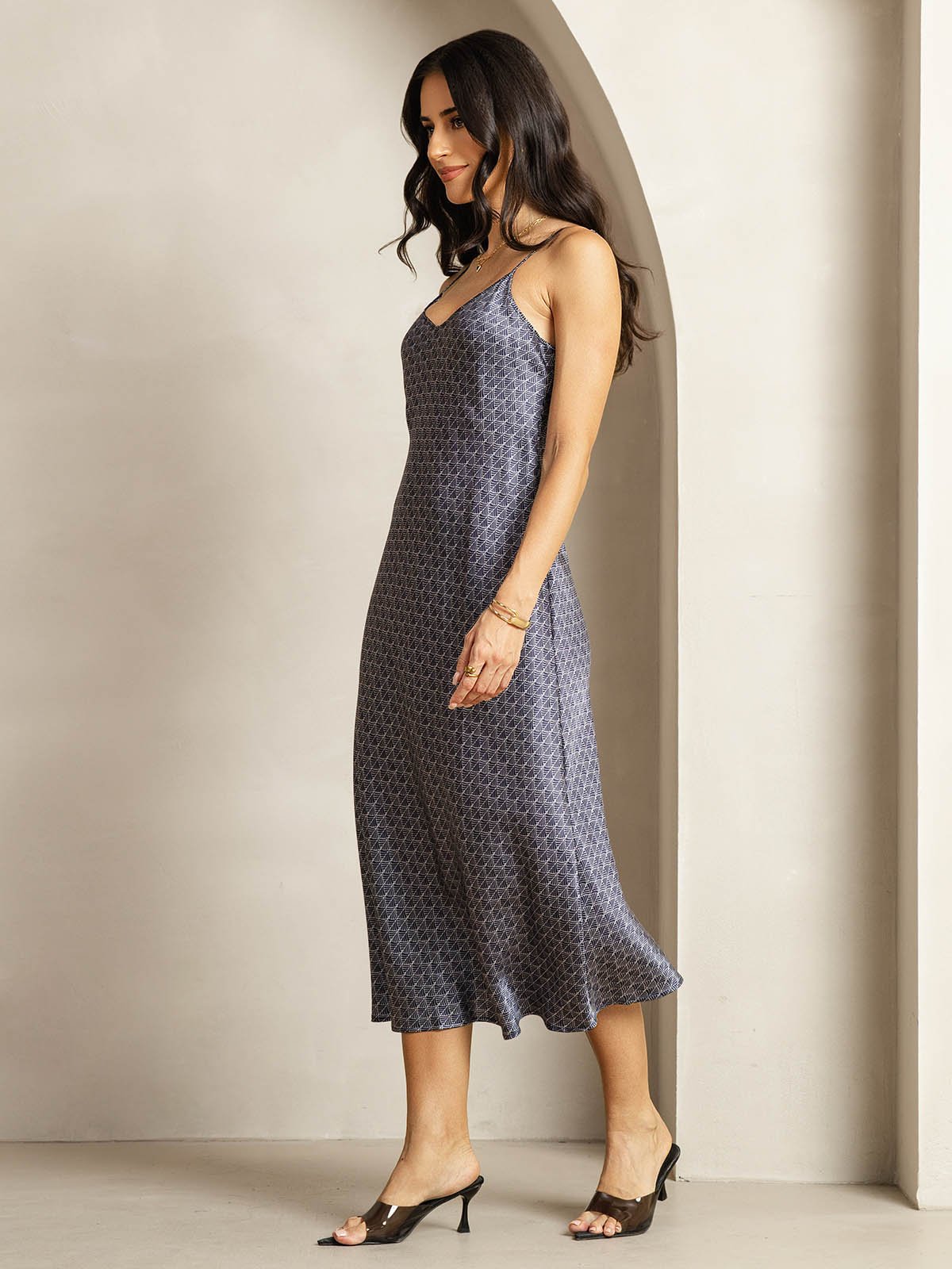 19Momme Silk Navy Ginkgo Print V Neck Adjustable Strap Midi Dress