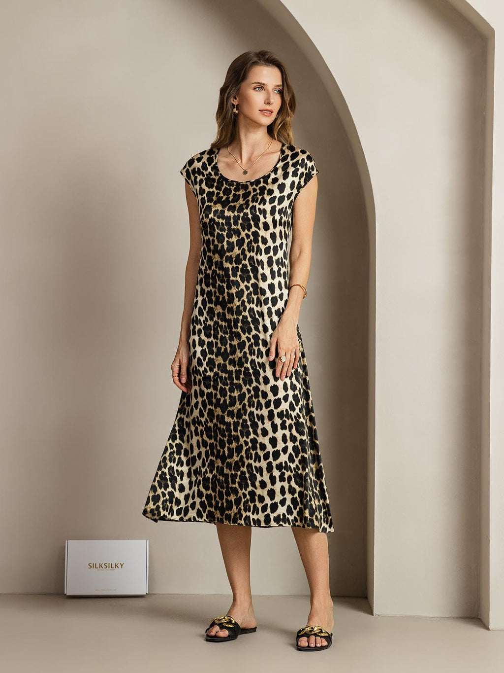 Clearance - 19Momme Silk Leopard Print Cap Sleeve Midi Dress