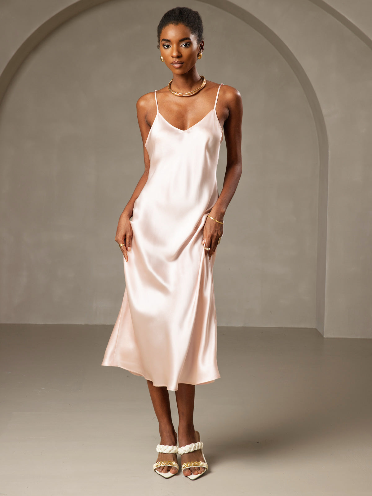 Pure Silk Spaghetti Strap V Neck Midi Dress
