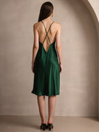Pure Silk Spaghetti Strap U Neck Knee Dress with Split Criss Cross V-Back Design