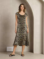 Clearance - 19Momme Silk Leopard Print Cap Sleeve Midi Dress