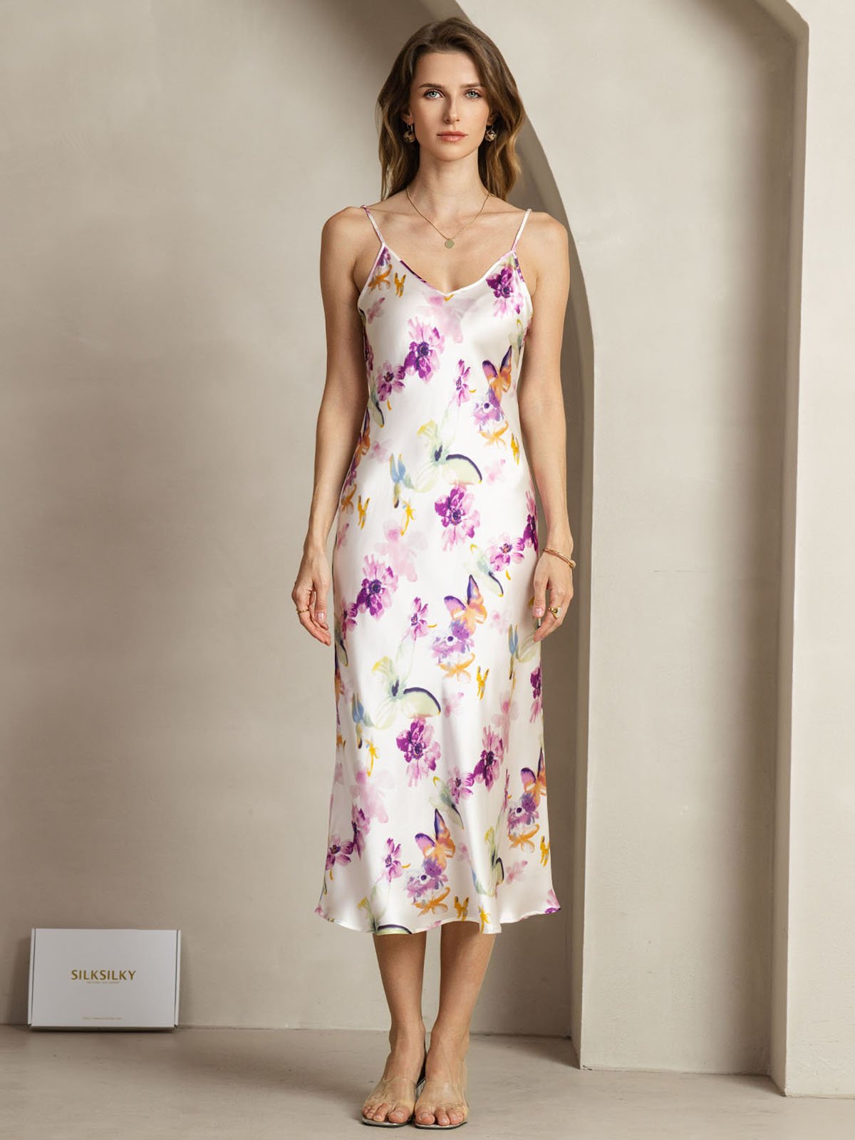 19Momme Silk Watercolor Floral Print V Neck Adjustable Strap Midi Dress