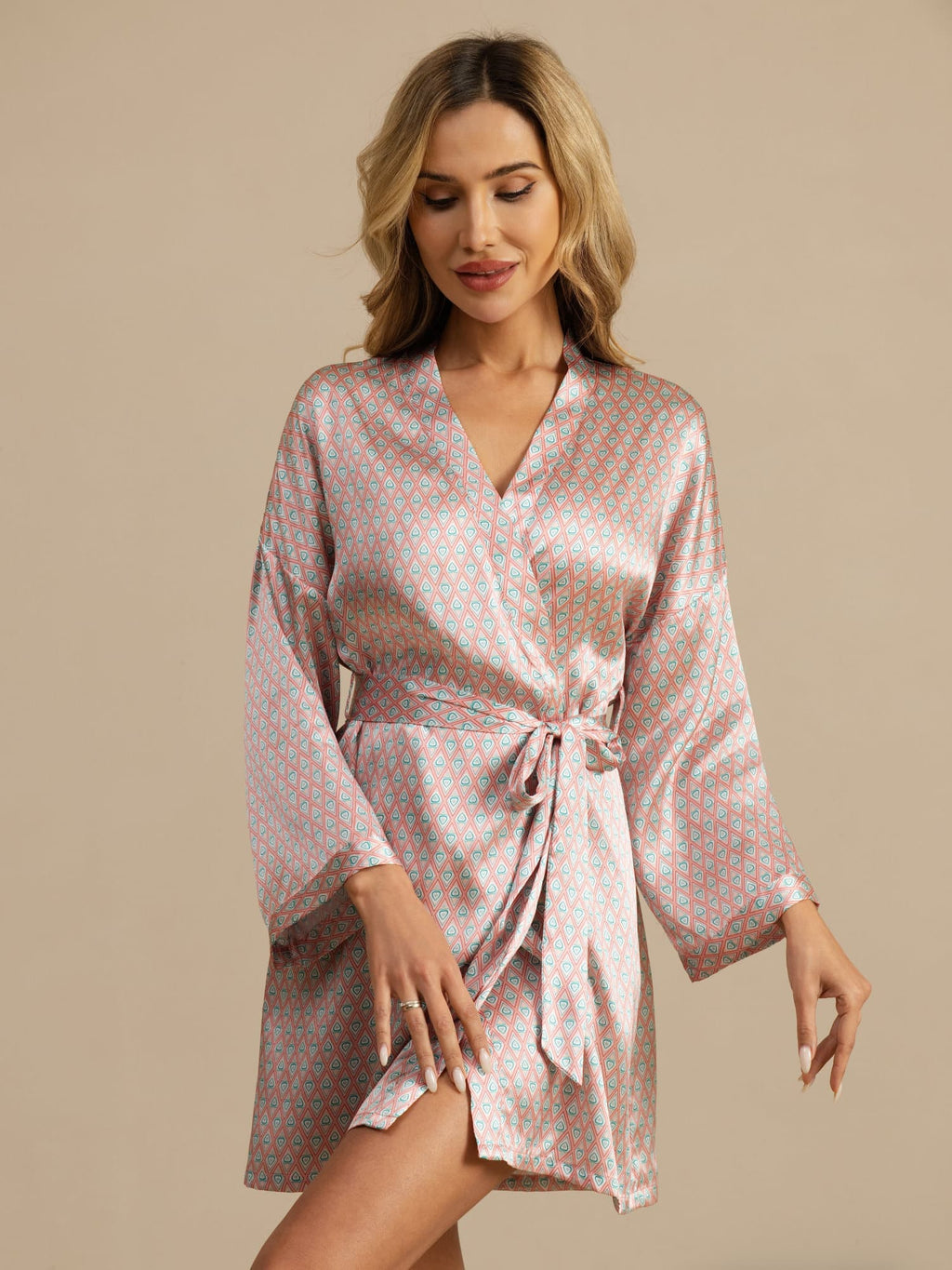 Pure Silk Women’s  Long Sleeve  Heart Geo Printed Short Belted Robe