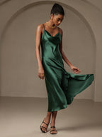 Pure Silk Spaghetti Strap Cowl Neck Bias Midi Dress with Split Design