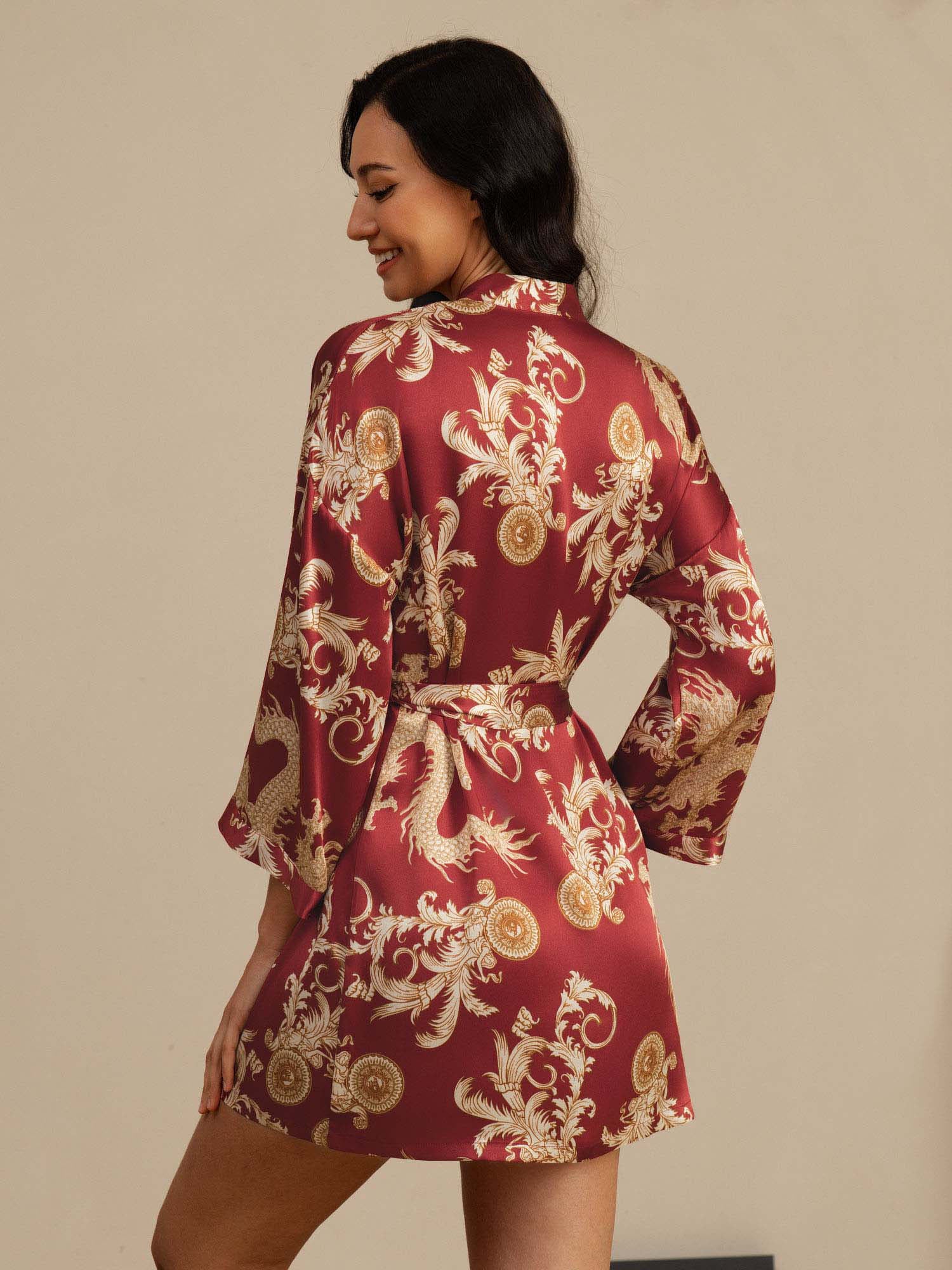 Pure Silk Dragon Print 3/4 Sleeve Women's Kimono Robe With Belt
