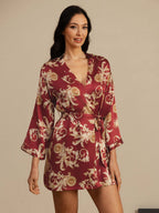 Pure Silk Dragon Print 3/4 Sleeve Women's Kimono Robe With Belt