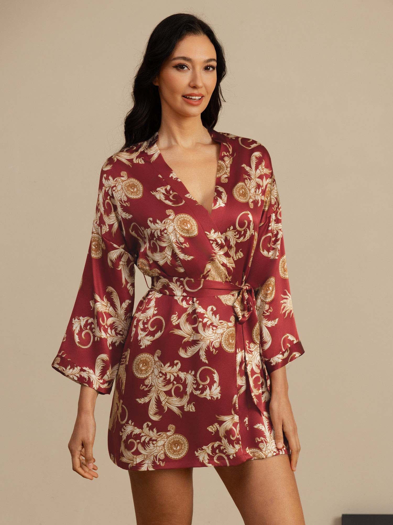 Pure Silk Dragon Print 3/4 Sleeve Women's Kimono Robe With Belt