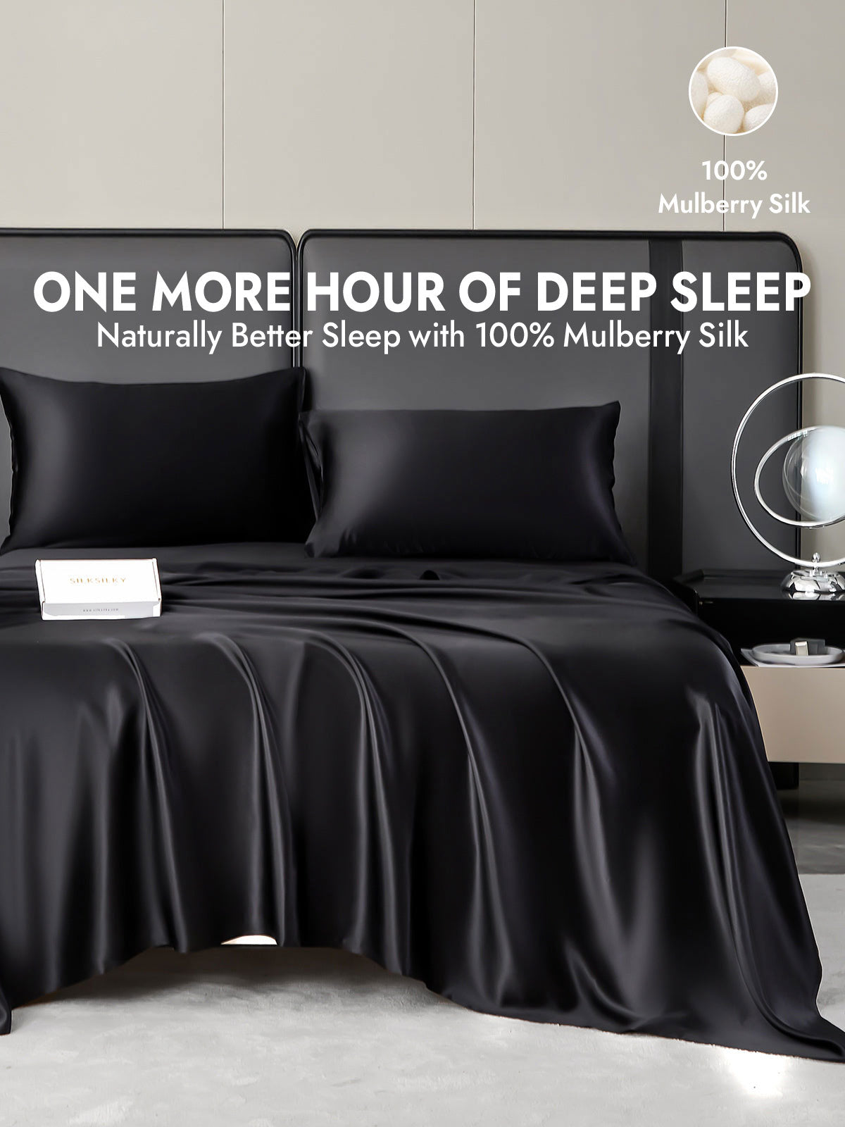 19Momme 4Pcs Silk Set Fitted&Flat Sheets+2x Pillowcases
