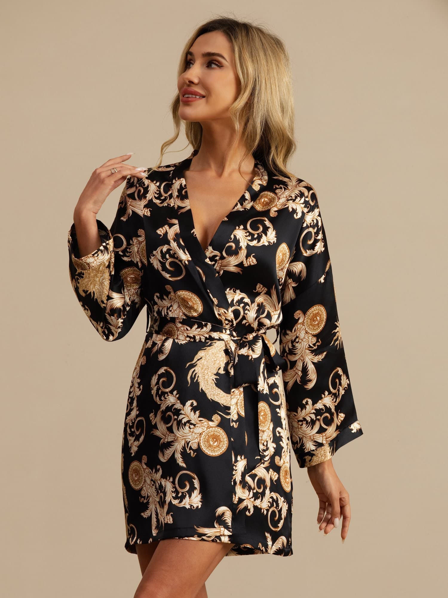 Pure Silk Dragon Print 3/4 Sleeve Women's Kimono Robe With Belt