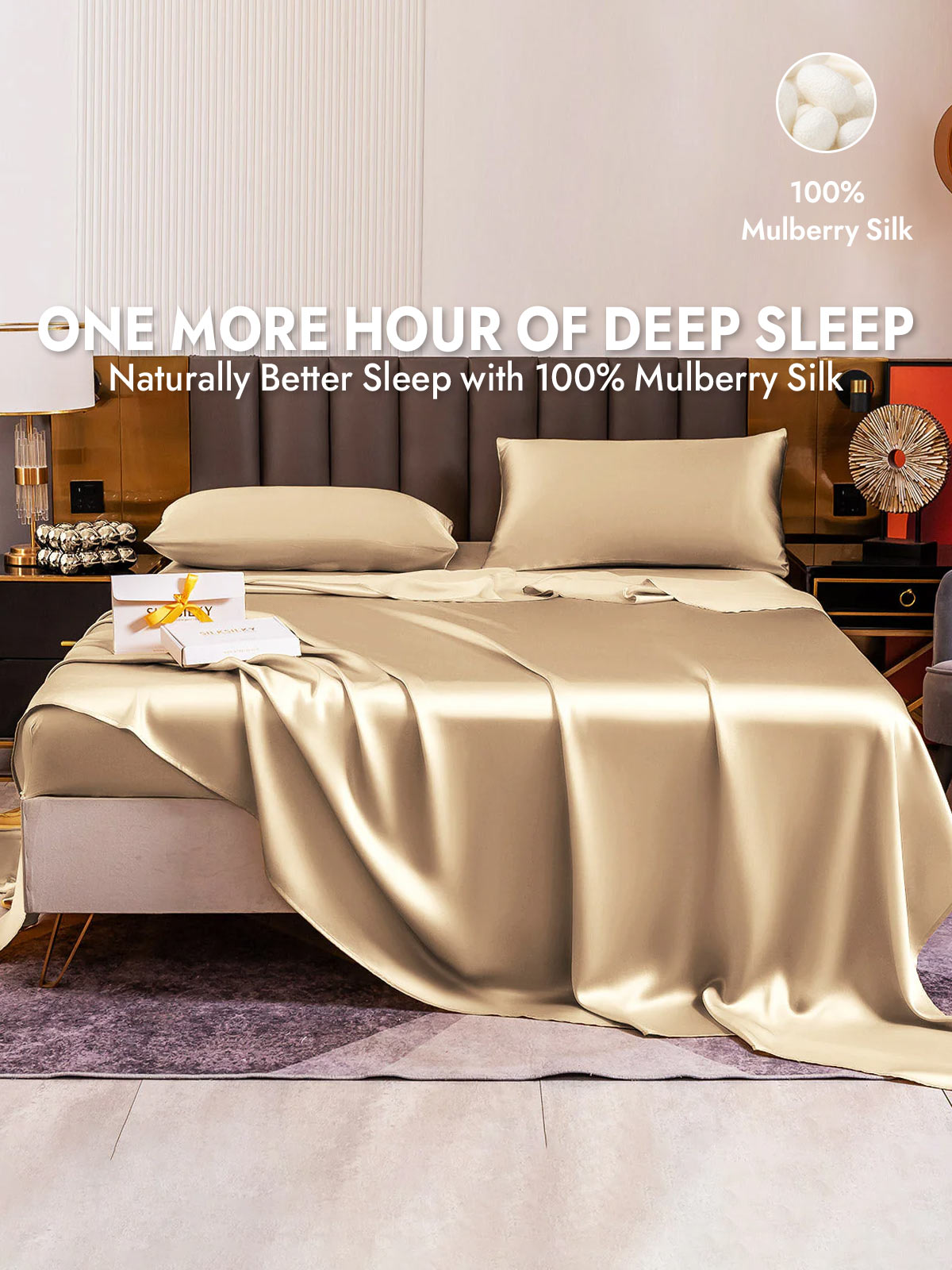 19Momme 4Pcs Silk Set Fitted&Flat Sheets+2x Pillowcases