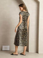 Clearance - 19Momme Silk Leopard Print Cap Sleeve Midi Dress