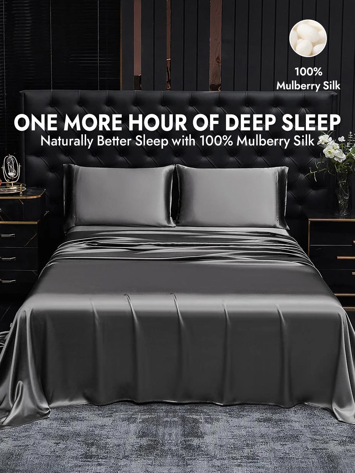 19Momme 4Pcs Silk Set Fitted&Flat Sheets+2x Pillowcases