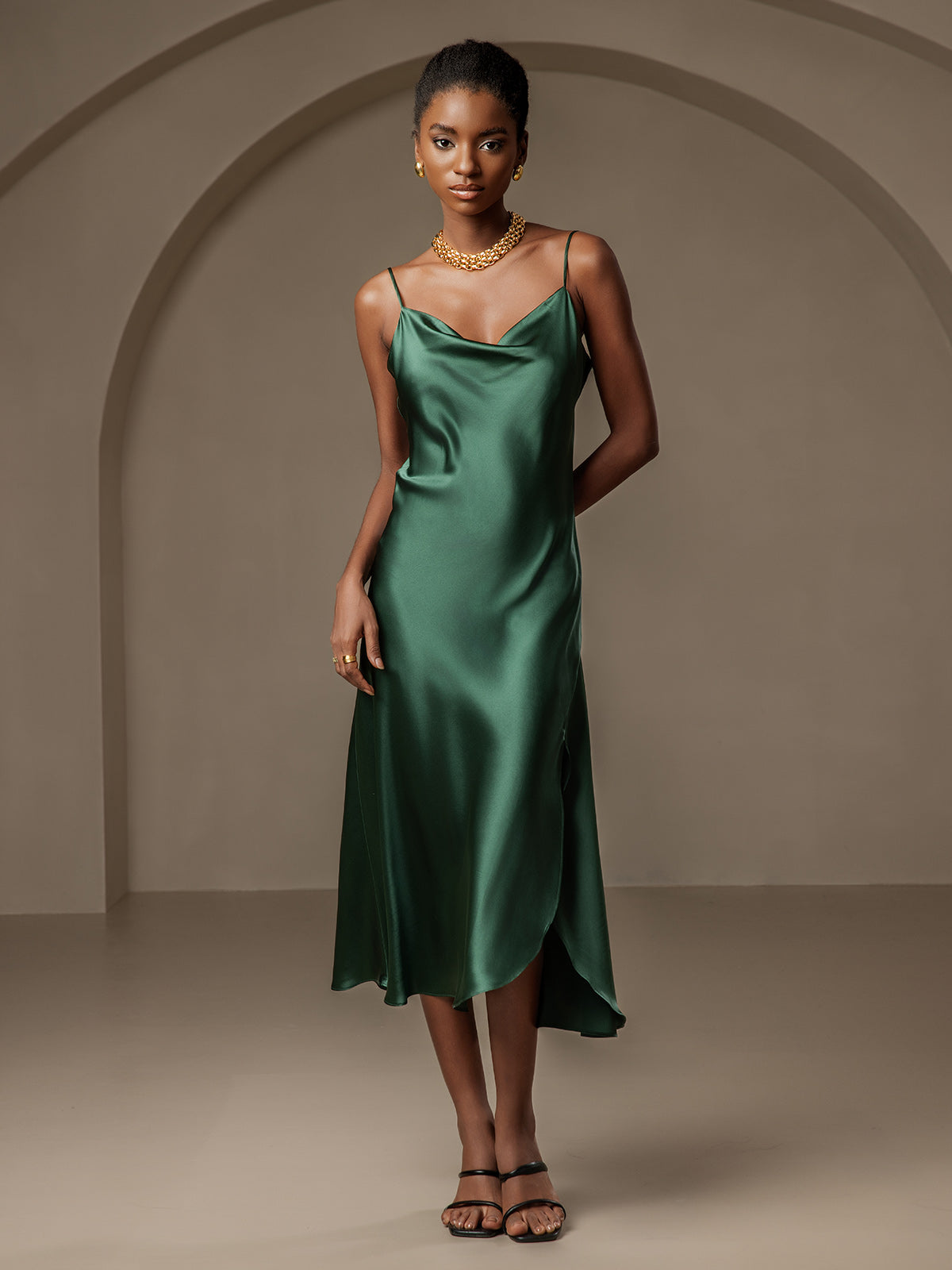 Pure Silk Spaghetti Strap Cowl Neck Bias Midi Dress with Split Design
