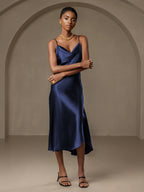 Pure Silk Spaghetti Strap Cowl Neck Bias Midi Dress with Split Design