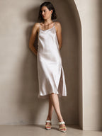 Pure Silk Spaghetti Strap U Neck Knee Dress with Split Criss Cross V-Back Design