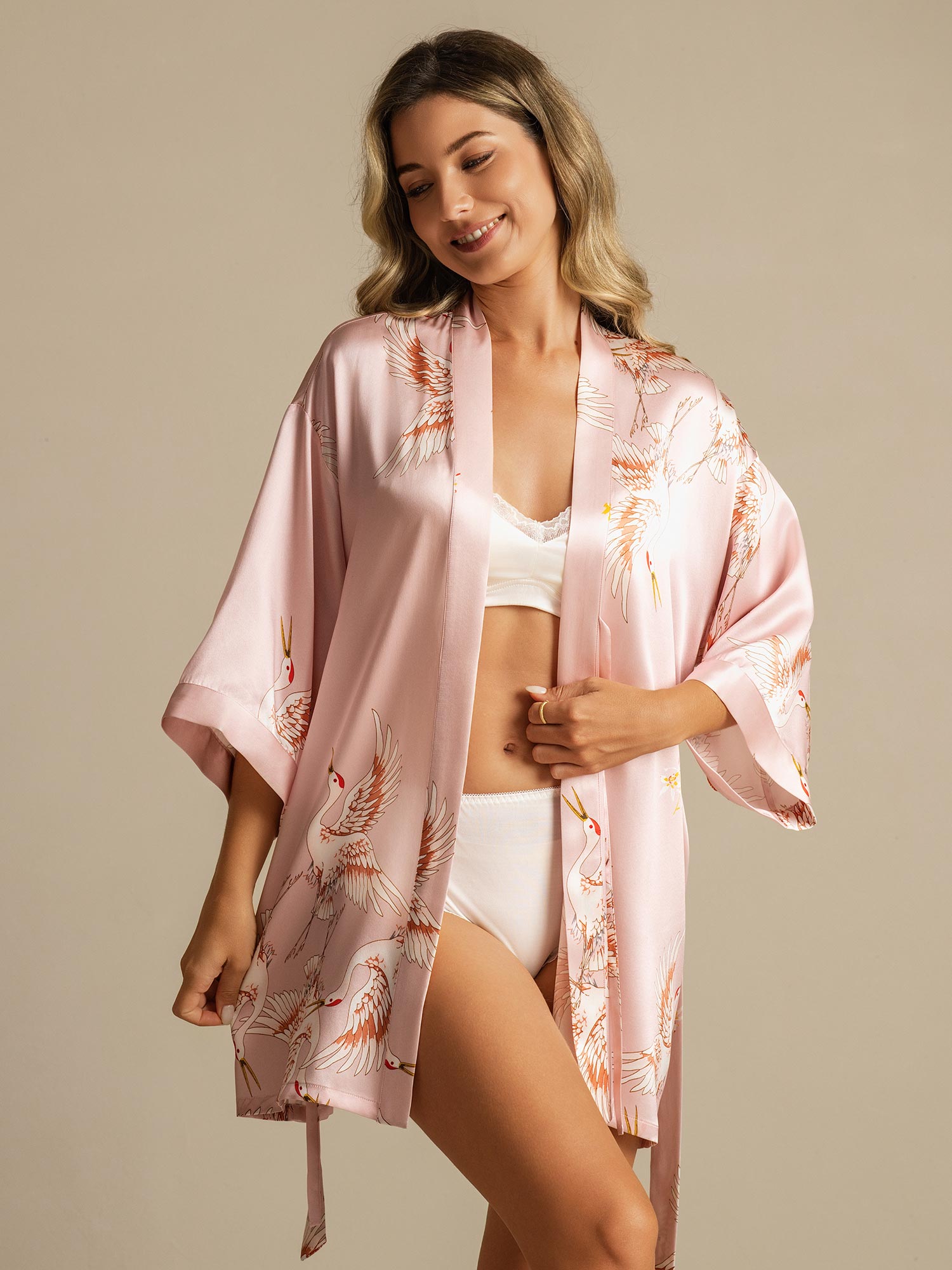 19Momme Pure Silk Crane Print 3/4 Sleeve Short Women's Kimono Robe with Wrap Design