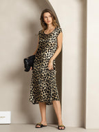 Clearance - 19Momme Silk Leopard Print Cap Sleeve Midi Dress