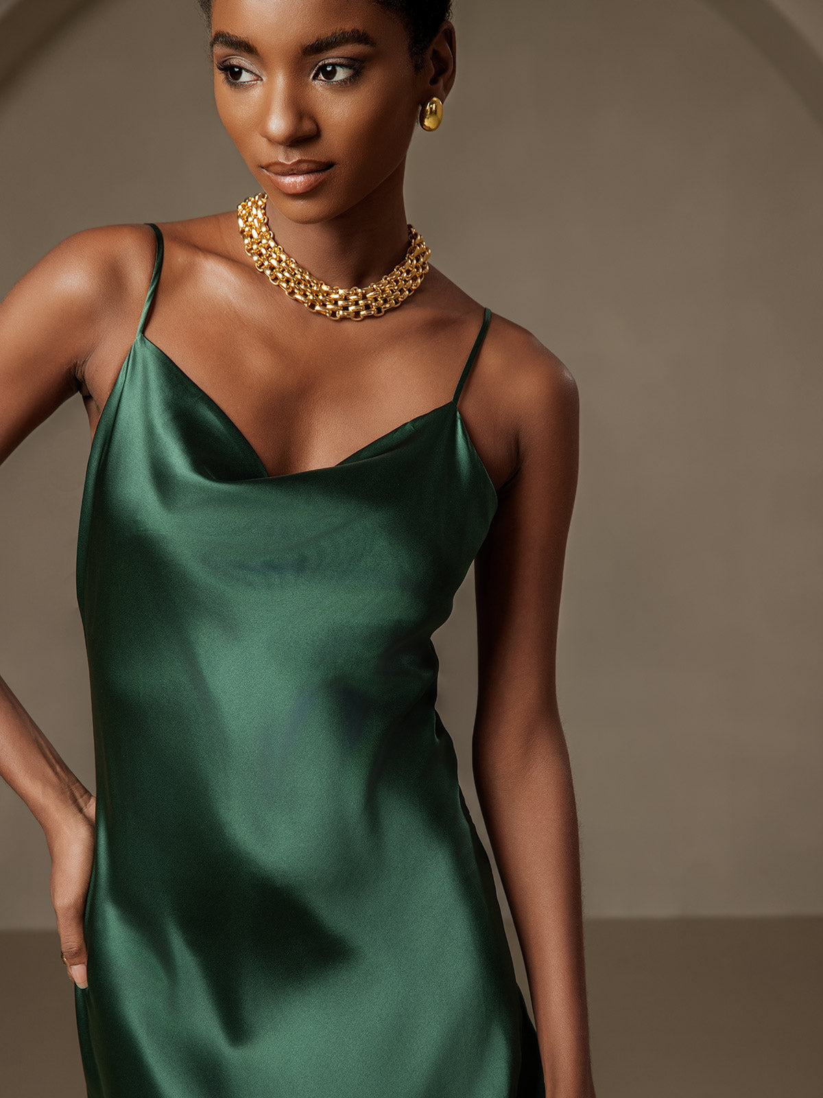 Pure Silk Spaghetti Strap Cowl Neck Bias Midi Dress with Split Design