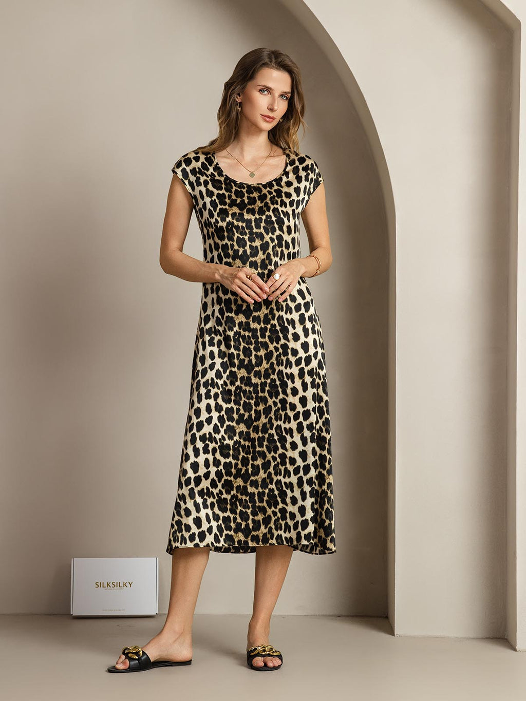 Clearance - 19Momme Silk Leopard Print Cap Sleeve Midi Dress