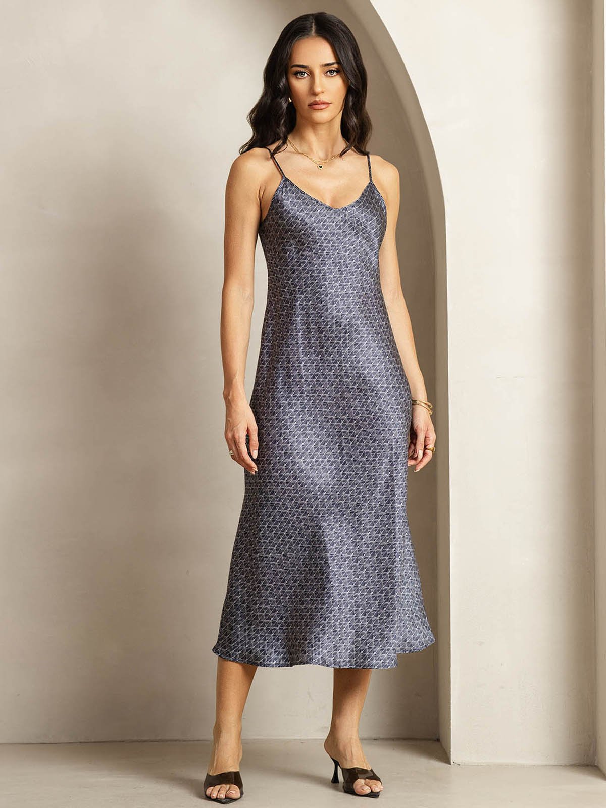 19Momme Silk Navy Ginkgo Print V Neck Adjustable Strap Midi Dress