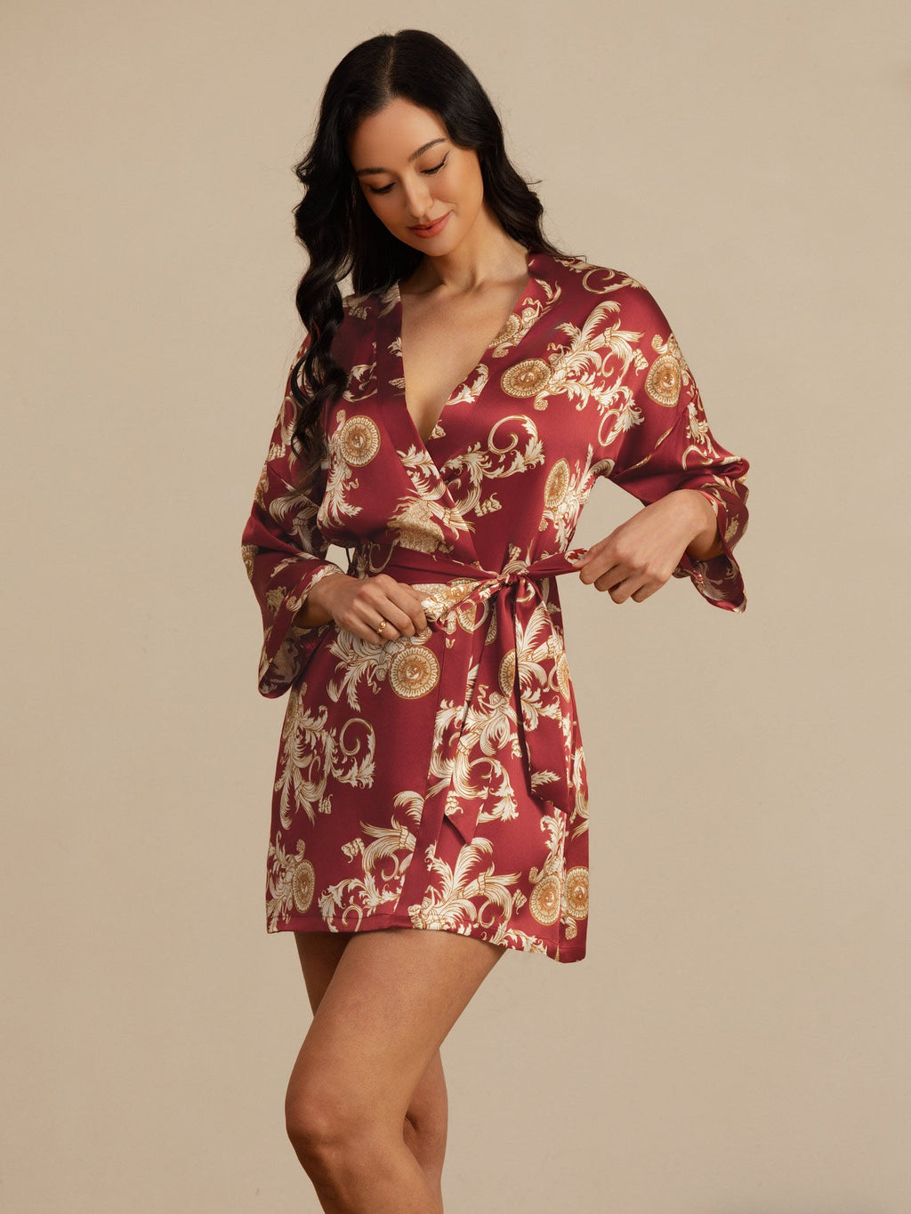 Pure Silk Dragon Print 3/4 Sleeve Women's Kimono Robe With Belt