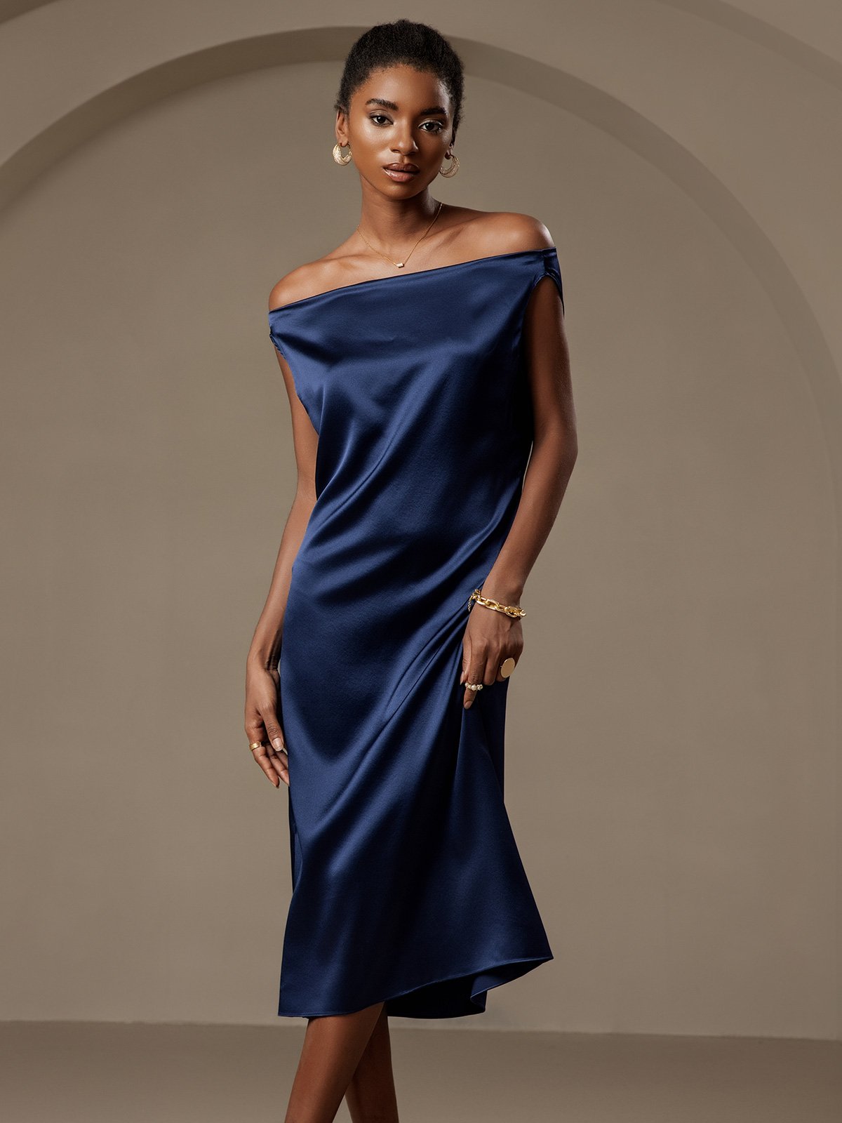 19Momme Silk Sleeveless Cowl Neck Knee Dress