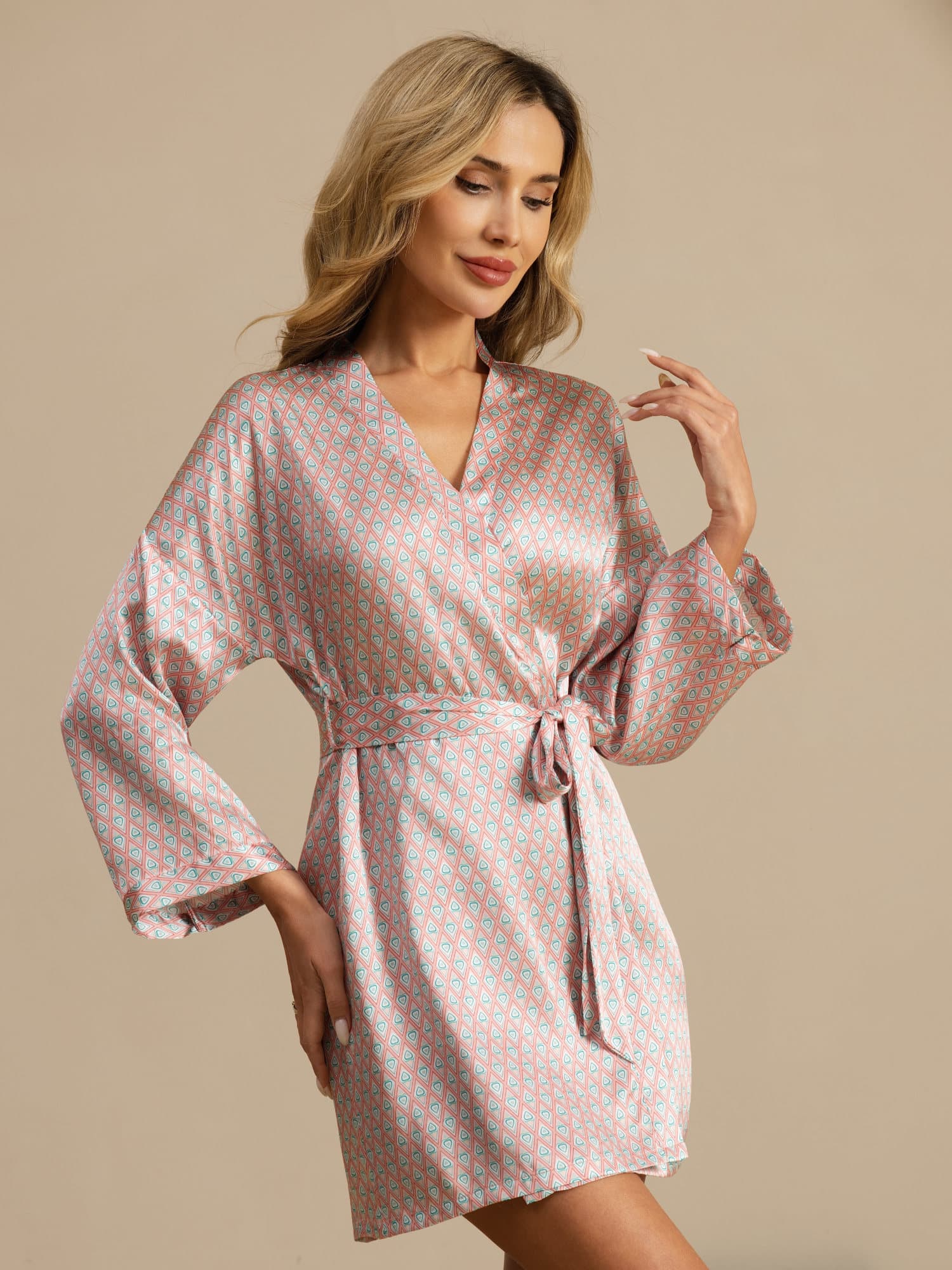 Pure Silk Women’s  Long Sleeve  Heart Geo Printed Short Belted Robe