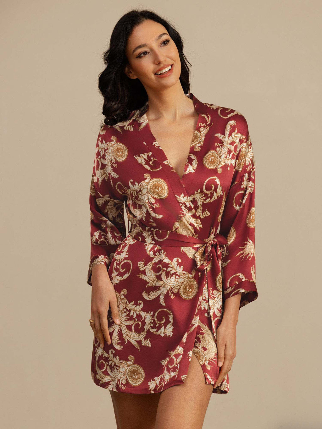 Pure Silk Dragon Print 3/4 Sleeve Women's Kimono Robe With Belt