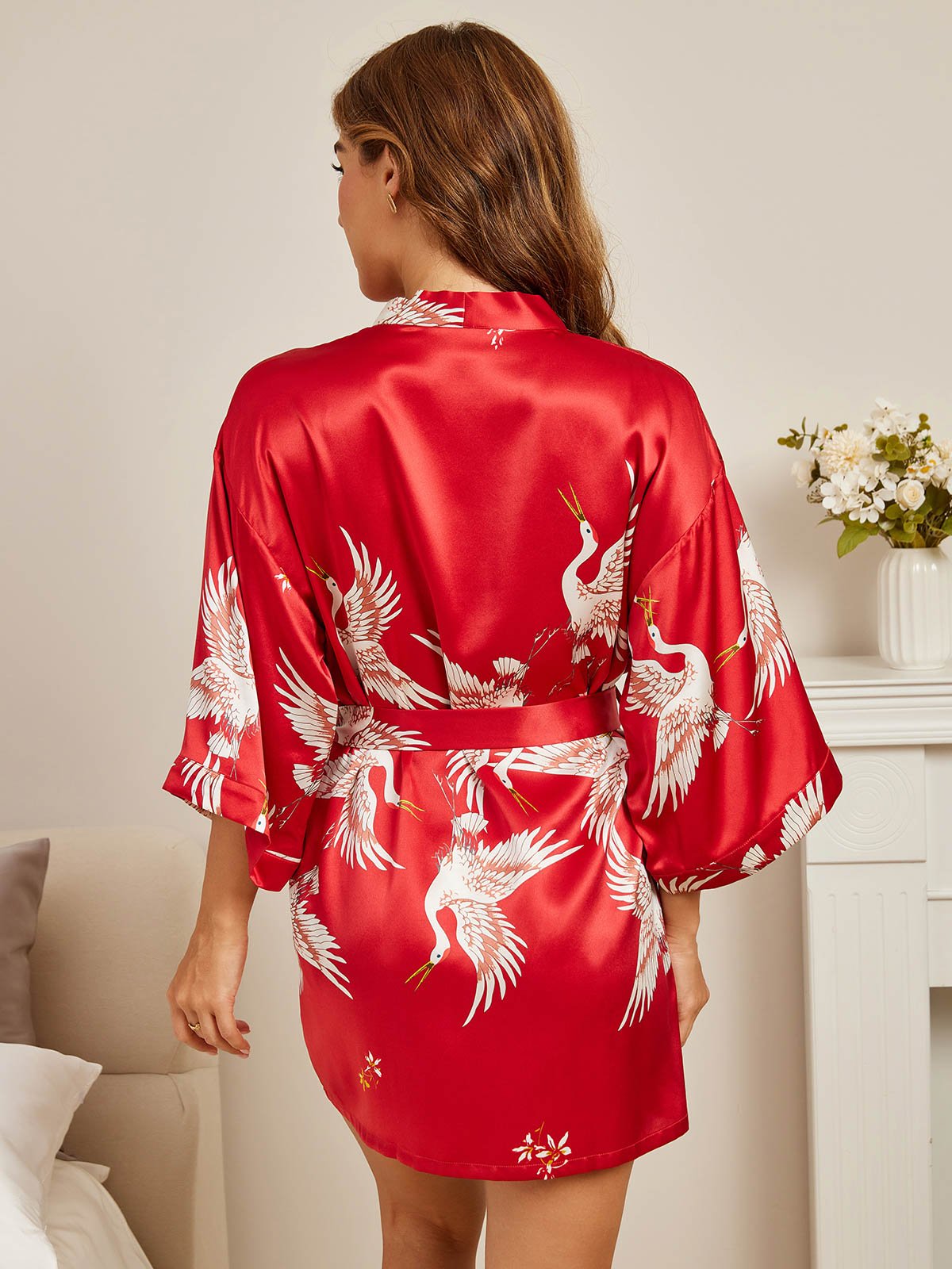 19Momme Women's Pure Silk Crane Print 3/4 Sleeve Short Kimono Robe